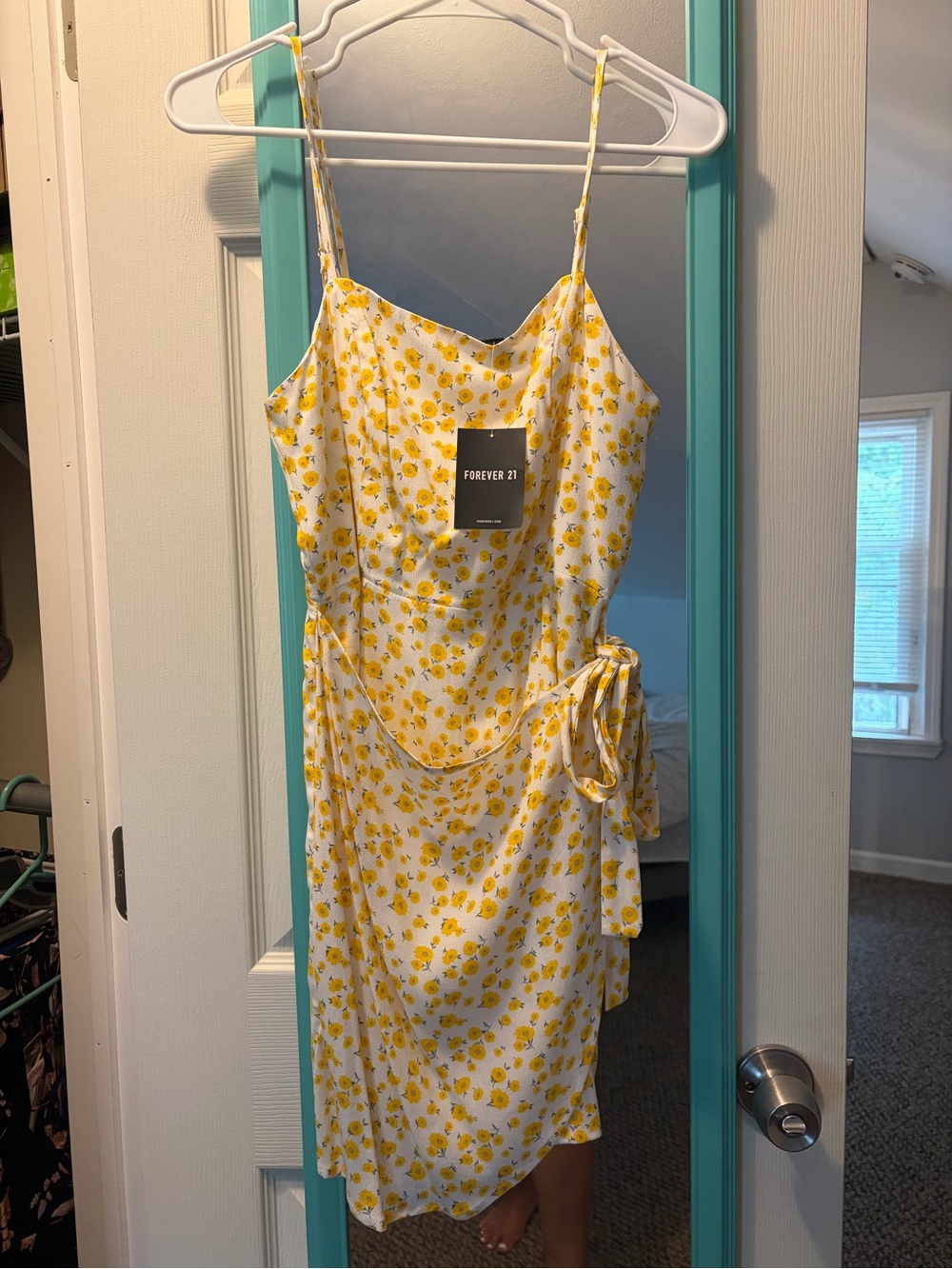 Forever 21 White Midi Dress with Yellow Floral Print and Side Tie